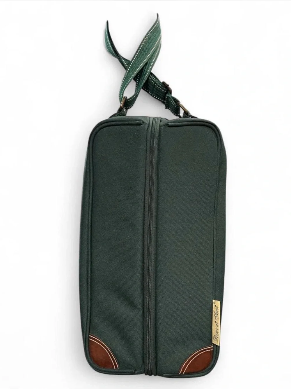 Green Travel Double-Zip Wine Bag with Brown Accents